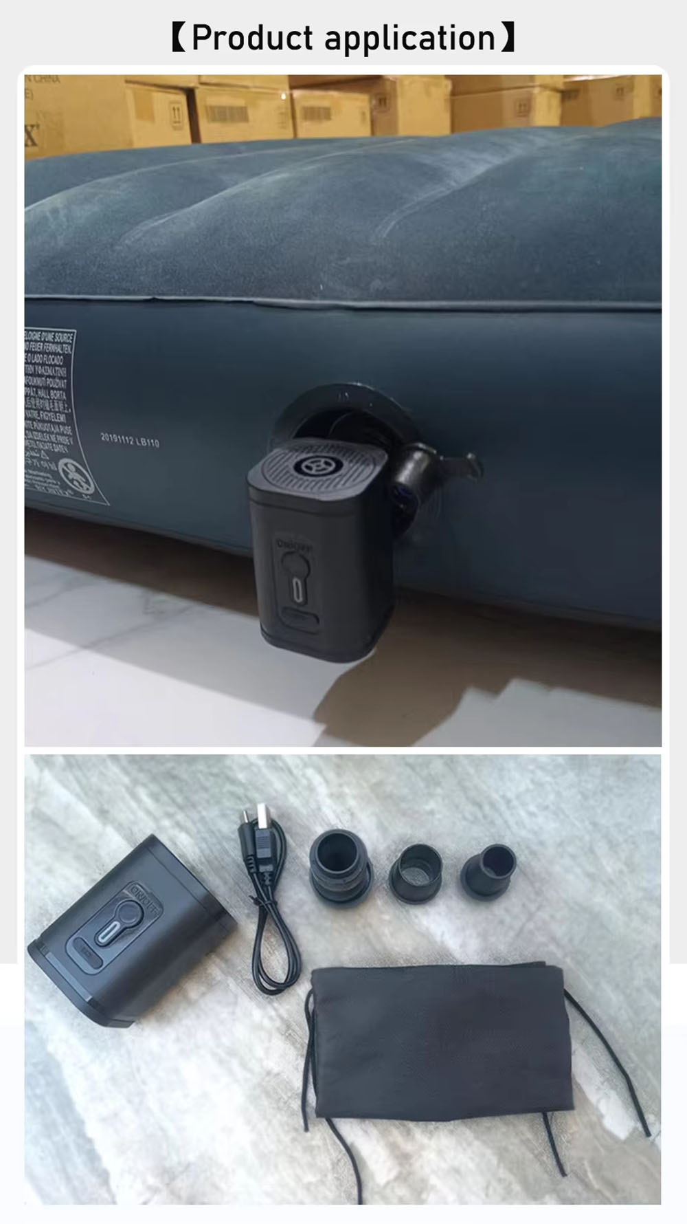 107E Portable Mini Air Pump, In/Deflation, Dimming LED Light, 1200 mAh Battery, With 4 Air Nozzles, for Pool, Mattresses, Toys & Yoga Ball