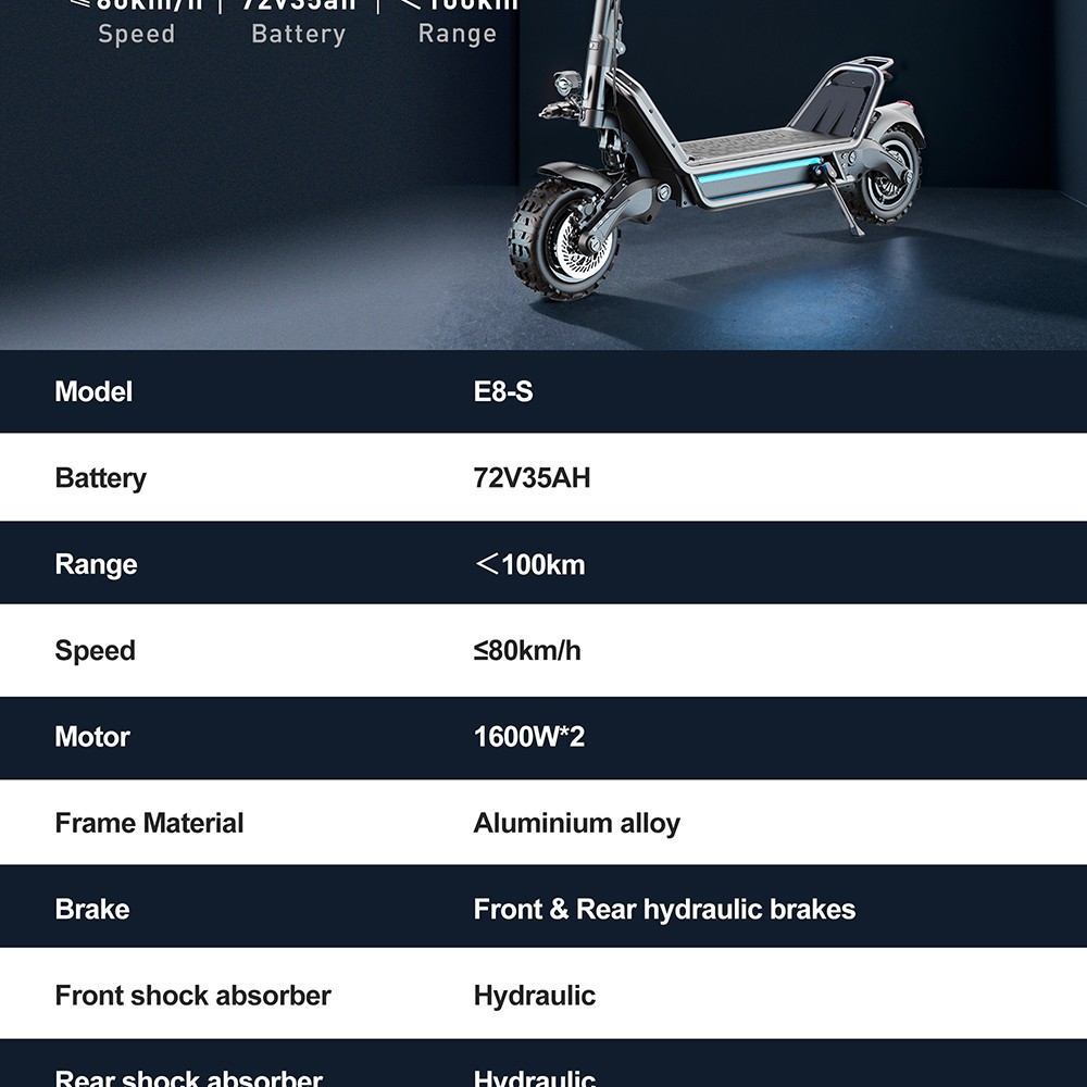 JOYOR E8-S 11-inch Off-road Electric Scooter 1600W*2 Dual Motor 72V 35Ah Lithium Battery, 80km/h Max Speed, 80-100km Range Hydraulic Brakes - Black