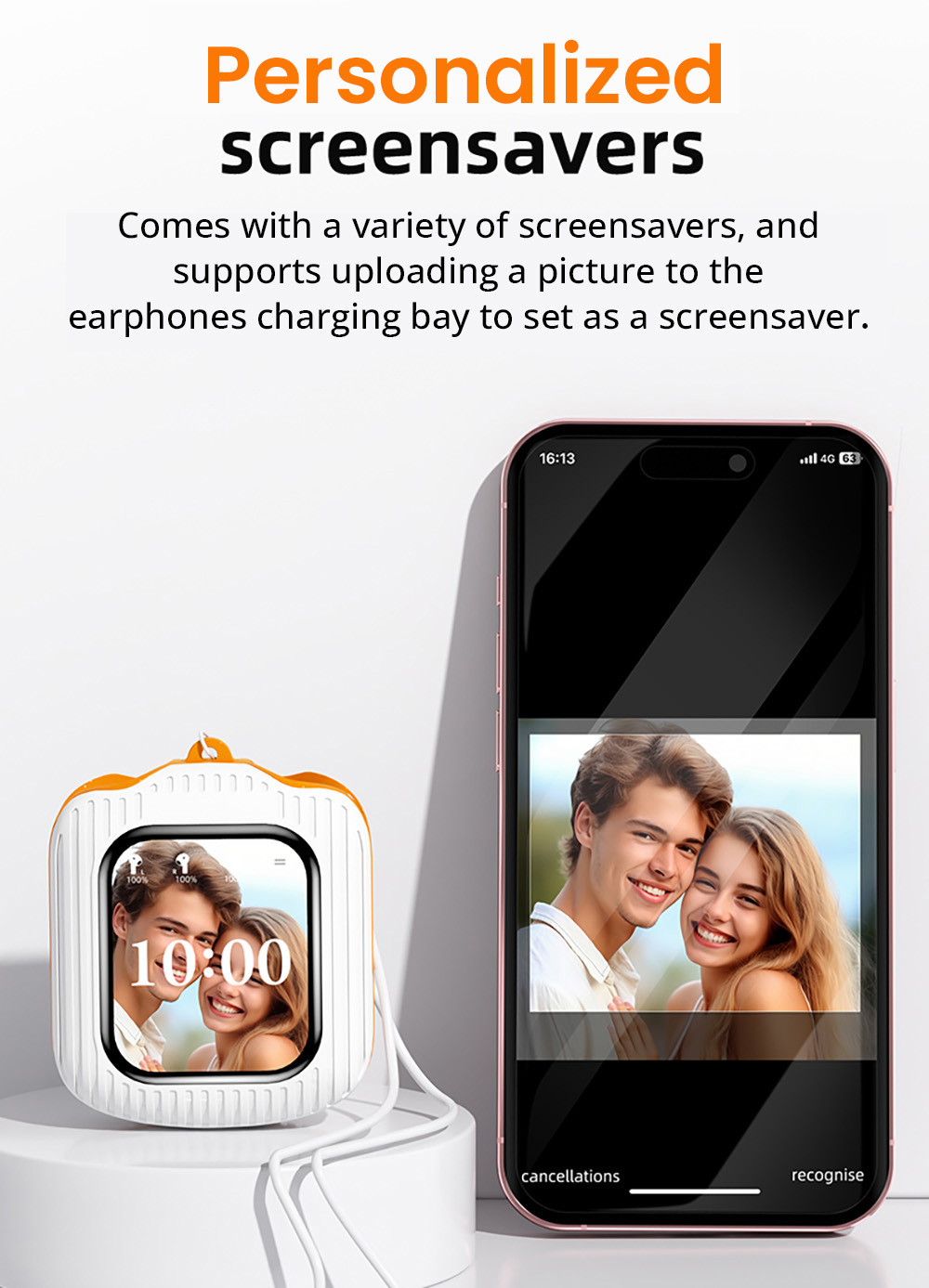 K8 Smart Touchscreen Bluetooth Earphones, 1.83-inch TFT Screen, ENC Call Noise Cancellation, Up to 30 Hours Autonomy - White