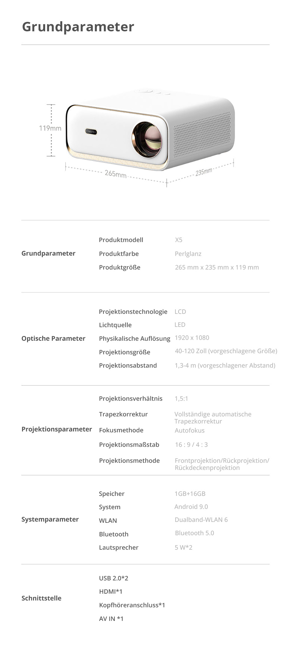 Wanbo X5 LCD-Beamer, 1080P, 1100 ANSI-Lumen, automatische Trapezkorrektur, Dualband-WLAN 6, 1 GB/16 GB, Bluetooth 5.0