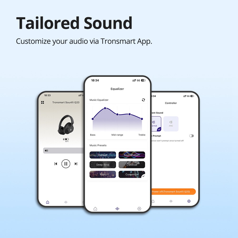 Tronsmart Sounfii Q20 ANC Bluetooth Headphones, 50 Hours Autonomy, 90° Swiveling Earpads, Pair with 2 Devices, Tronsmart App Control, Built-in Mic for Clear Calls, Active Noise Cancellation - Black