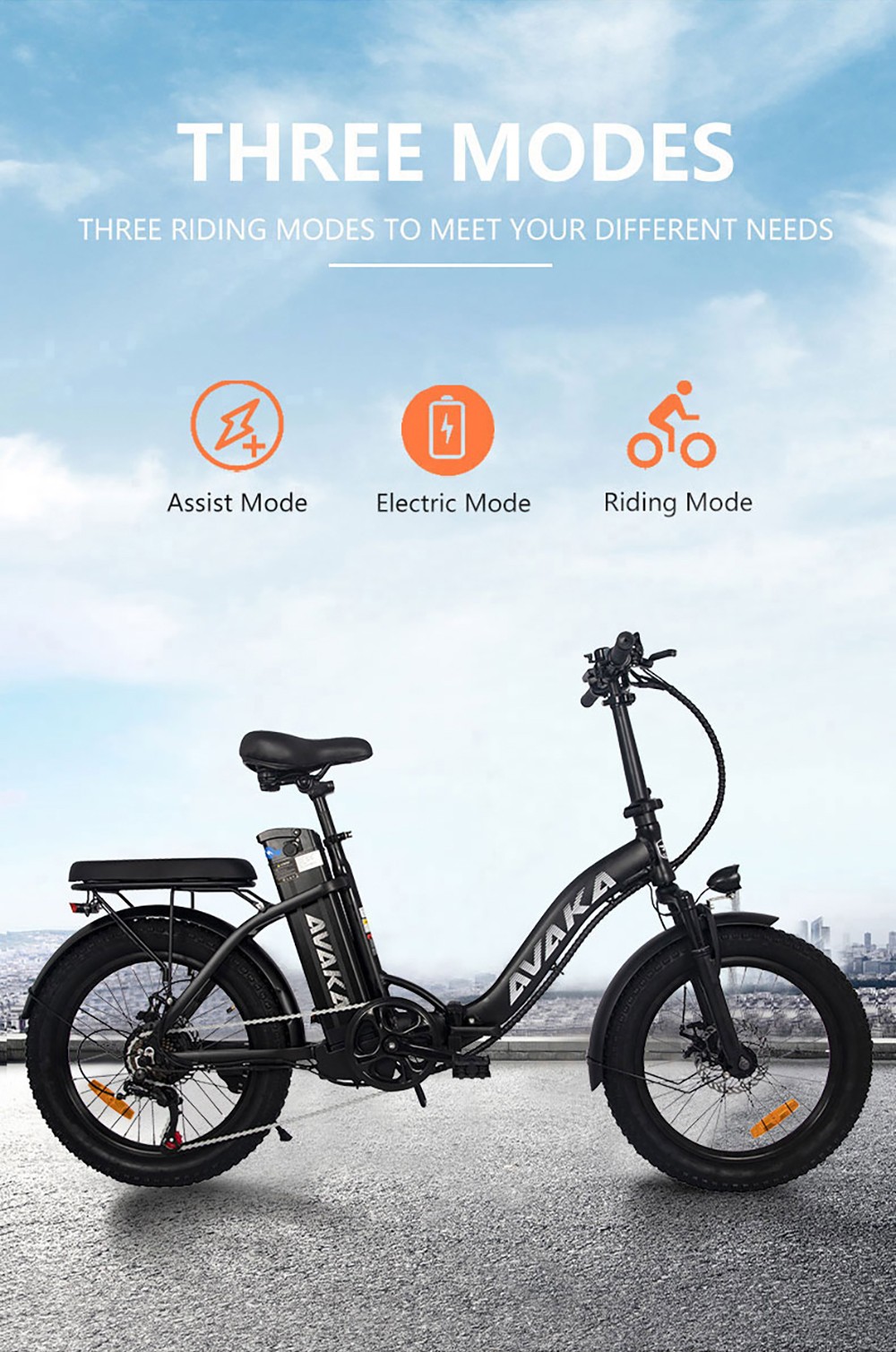 AVAKA BZ20 PLUS Electric Bike Foldable 20*3.0 Inch Fat Tires 500W Brushless Motor 25Km/h Max Speed 48V 18.2Ah Battery 100Km Range 120KG Max Load Dual Disc Brake Shimano 7-Speed Gear IP54 Waterproof  LCD Display Spoke wheel - White