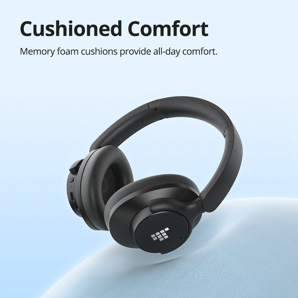 Tronsmart Sounfii Q20 ANC Bluetooth Headphones, 50 Hours Autonomy, 90° Swiveling Earpads, Pair with 2 Devices, Tronsmart App Control, Built-in Mic for Clear Calls, Active Noise Cancellation - Black