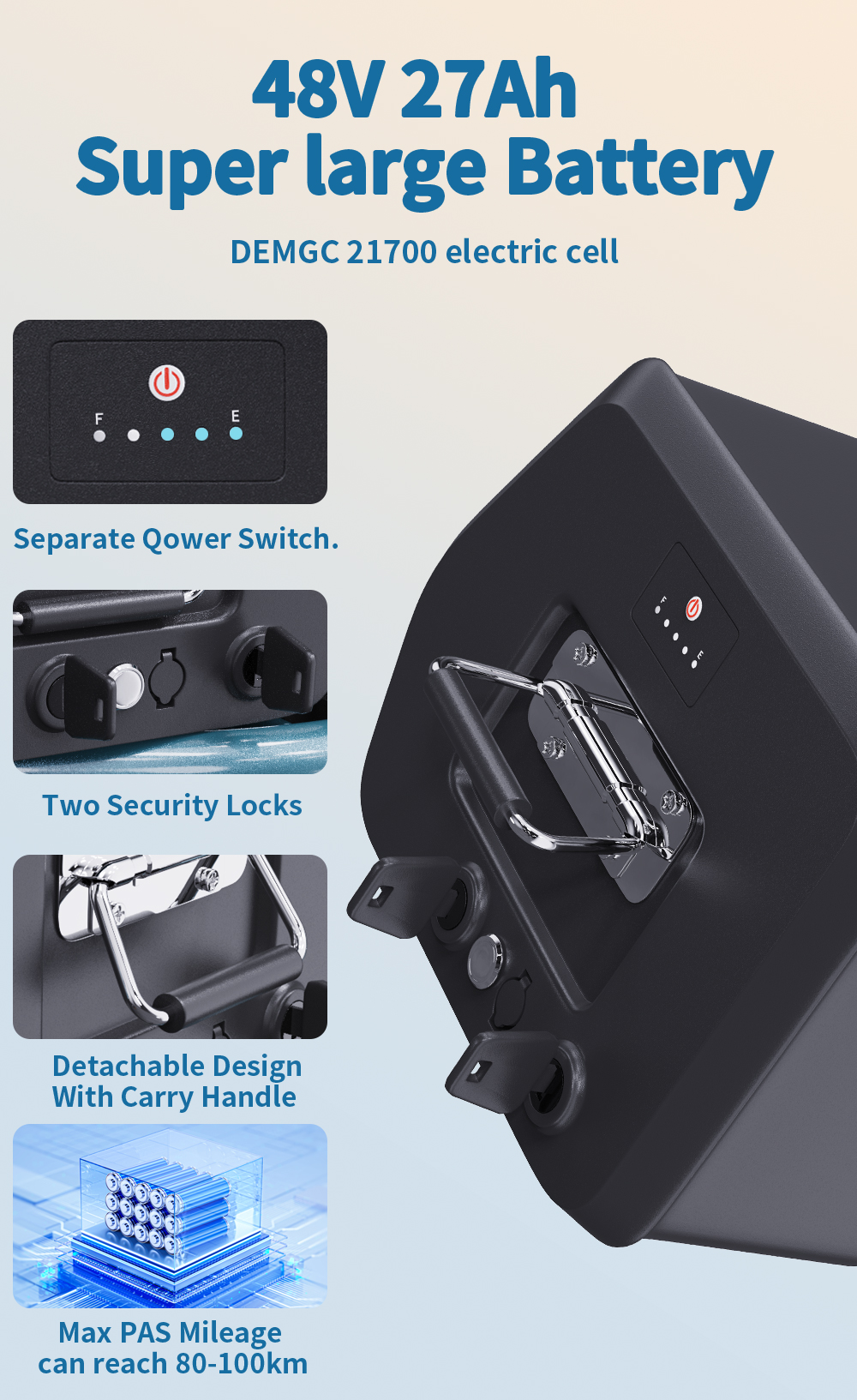 ONESPORT OT01 Elektrofahrrad, 650-W-Motor, 48-V-27-Ah-Akku, 20 x 2,6-Zoll-Reifen, 25 km/h Höchstgeschwindigkeit, 100 km maximale Reichweite, hydraulische Scheibenbremsen, Vorderradgabel mit Federung - Blau