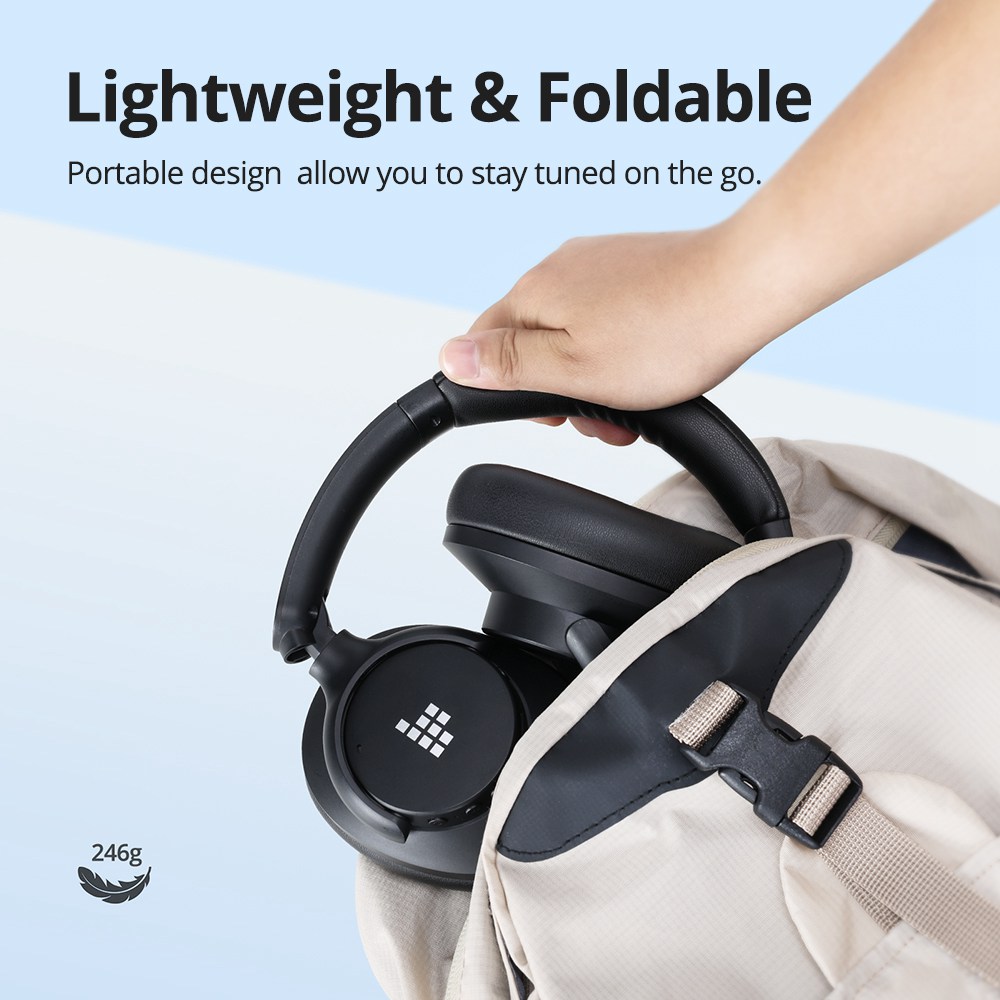 Tronsmart Sounfii Q20 ANC Bluetooth Headphones, 50 Hours Autonomy, 90° Swiveling Earpads, Pair with 2 Devices, Tronsmart App Control, Built-in Mic for Clear Calls, Active Noise Cancellation - Black