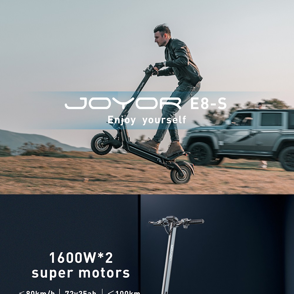 JOYOR E8-S 11-inch Off-road Electric Scooter 1600W*2 Dual Motor 72V 35Ah Lithium Battery, 80km/h Max Speed, 80-100km Range Hydraulic Brakes - Black