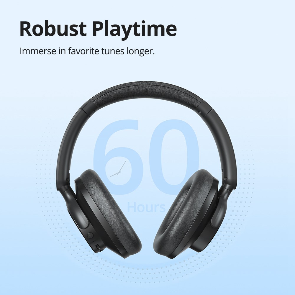 Tronsmart Sounfii Q20 ANC Bluetooth Headphones, 50 Hours Autonomy, 90° Swiveling Earpads, Pair with 2 Devices, Tronsmart App Control, Built-in Mic for Clear Calls, Active Noise Cancellation - Black