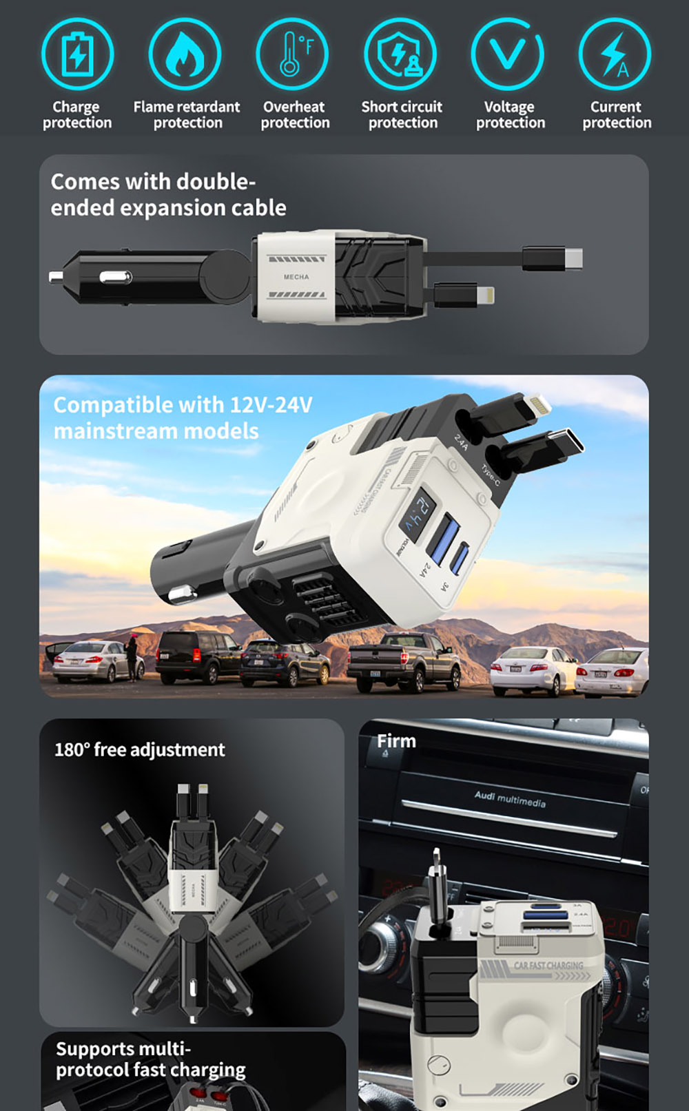 A1 66W 4 in 1 Car Phone Charger with Retractable Cable, 180° Free Adjustment, USB/Type-C Dual Interface & PD Fast Charge - Black