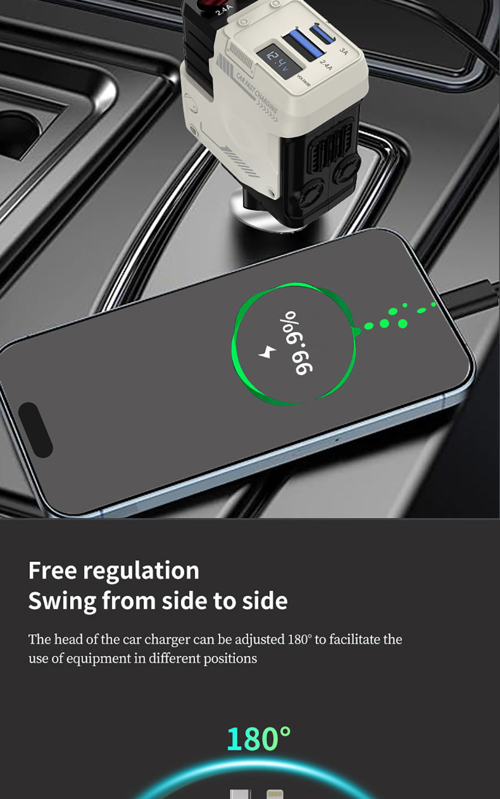 A1 66W 4 in 1 Car Phone Charger with Retractable Cable, 180° Free Adjustment, USB/Type-C Dual Interface & PD Fast Charge - Black