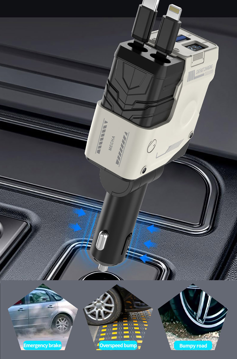 A1 66W 4 in 1 Car Phone Charger with Retractable Cable, 180° Free Adjustment, USB/Type-C Dual Interface & PD Fast Charge - Black