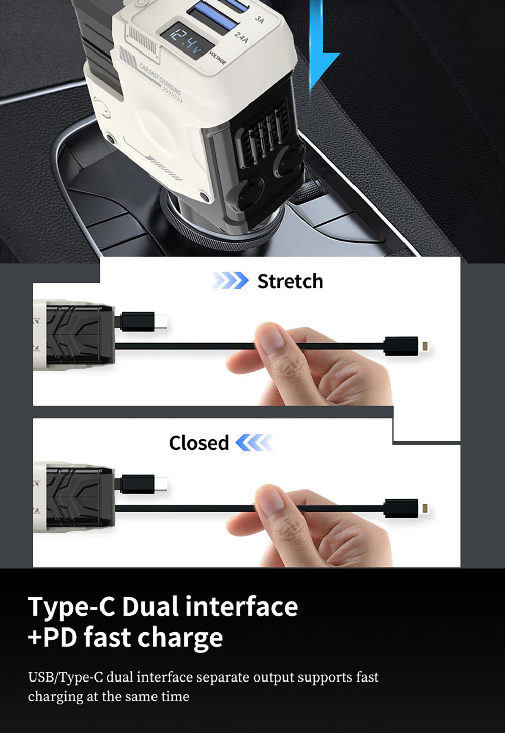 A1 66W 4 in 1 Car Phone Charger with Retractable Cable, 180° Free Adjustment, USB/Type-C Dual Interface & PD Fast Charge - Pink