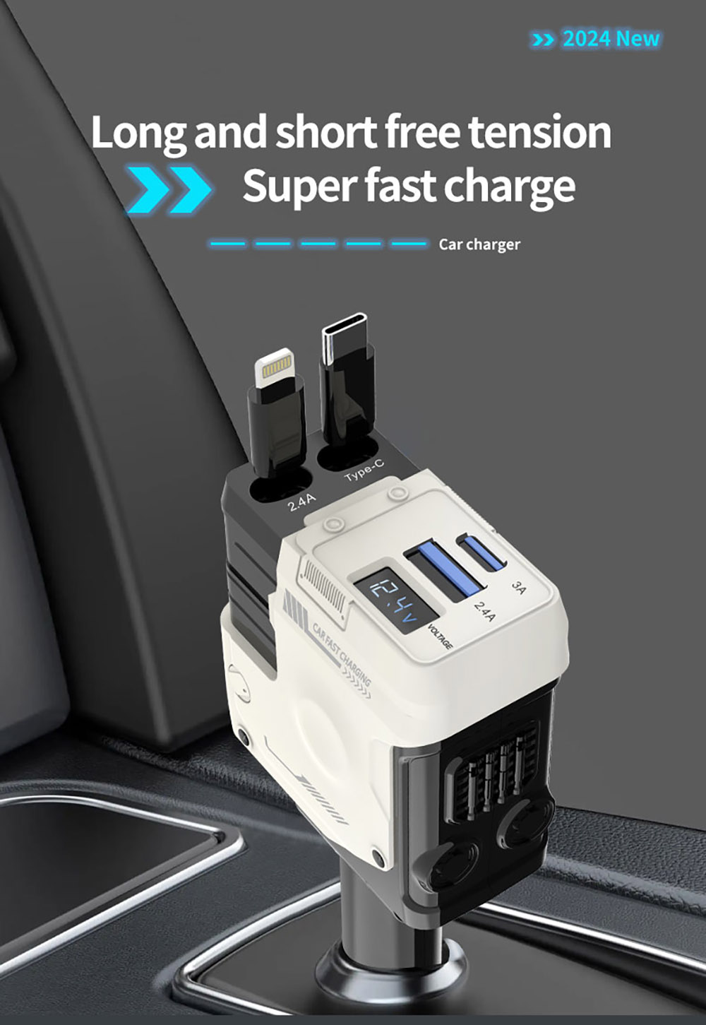 A1 66W 4 in 1 Car Phone Charger with Retractable Cable, 180° Free Adjustment, USB/Type-C Dual Interface & PD Fast Charge - White