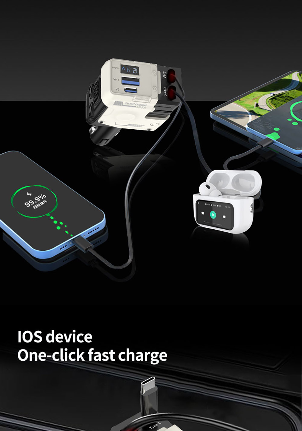 A1 66W 4 in 1 Car Phone Charger with Retractable Cable, 180° Free Adjustment, USB/Type-C Dual Interface & PD Fast Charge - White