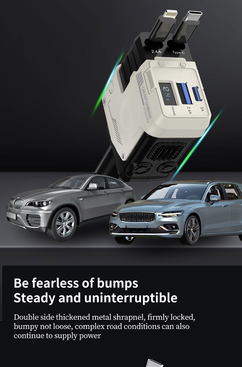 A1 66W 4 in 1 Car Phone Charger with Retractable Cable, 180° Free Adjustment, USB/Type-C Dual Interface & PD Fast Charge - White