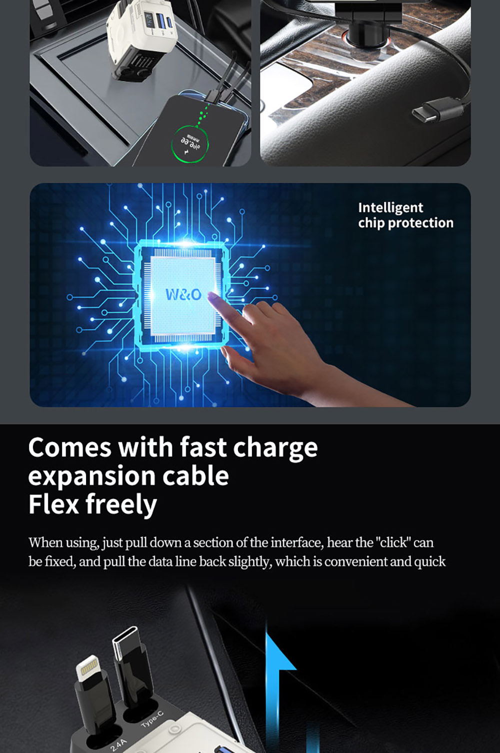 A1 66W 4 in 1 Car Phone Charger with Retractable Cable, 180° Free Adjustment, USB/Type-C Dual Interface & PD Fast Charge - Yellow