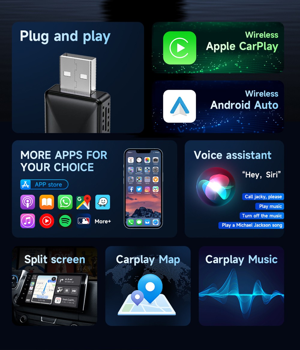 AB019B Wireless CarPlay Adapter, Plug and Play, Auto-Connect, Bluetooth 5.2/ WiFi Connection