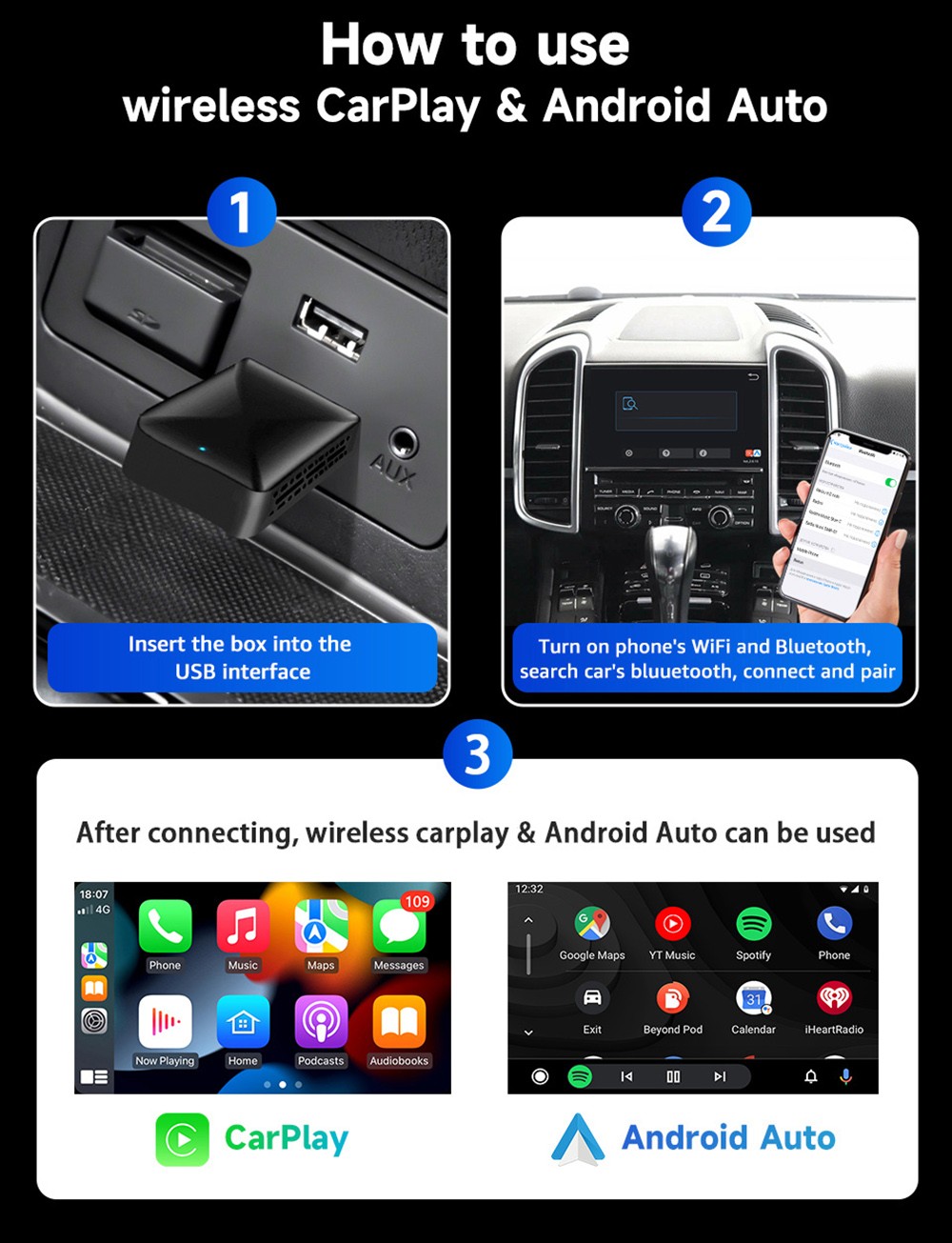 AB019B Wireless CarPlay Adapter, Plug and Play, Auto-Connect, Bluetooth 5.2/ WiFi Connection