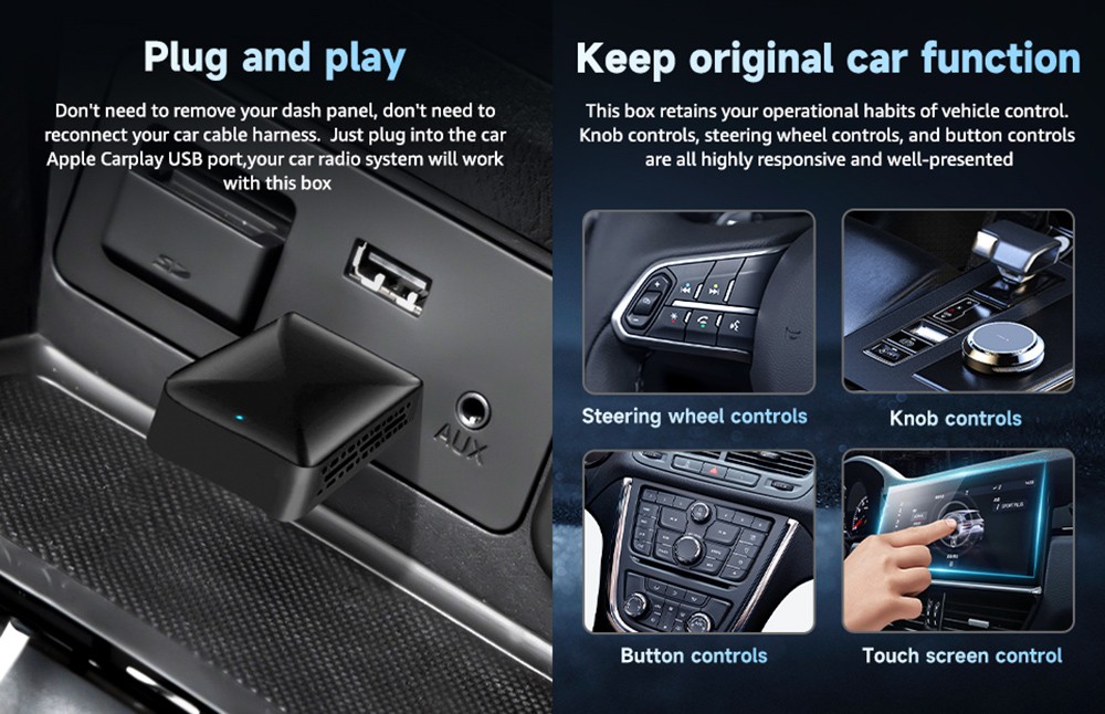 AB019B Wireless CarPlay Adapter, Plug and Play, Auto-Connect, Bluetooth 5.2/ WiFi Connection