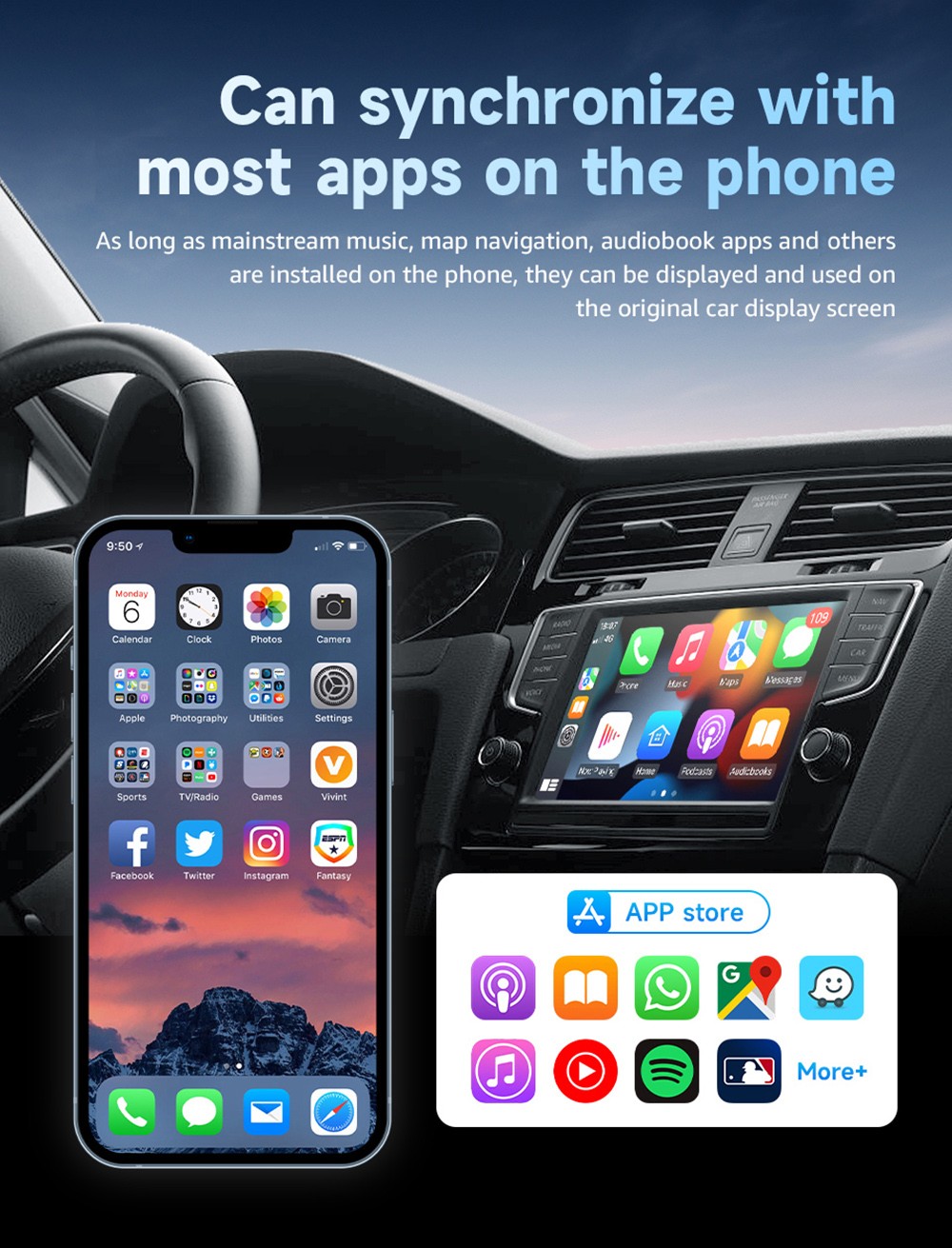 AB019B Wireless CarPlay Adapter, Plug and Play, Auto-Connect, Bluetooth 5.2/ WiFi Connection