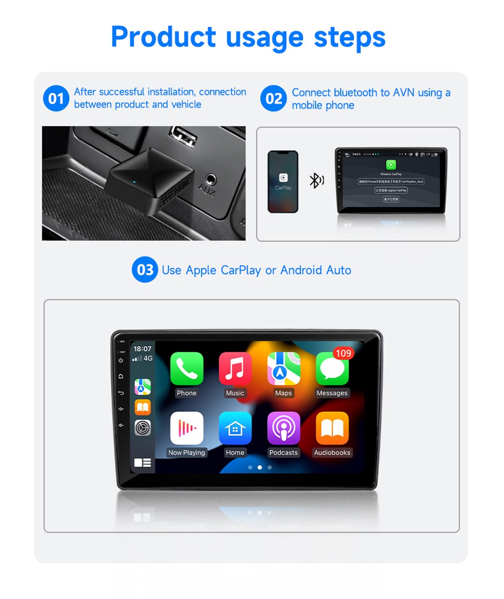 AB019B Wireless CarPlay Adapter, Plug and Play, Auto-Connect, Bluetooth 5.2/ WiFi Connection