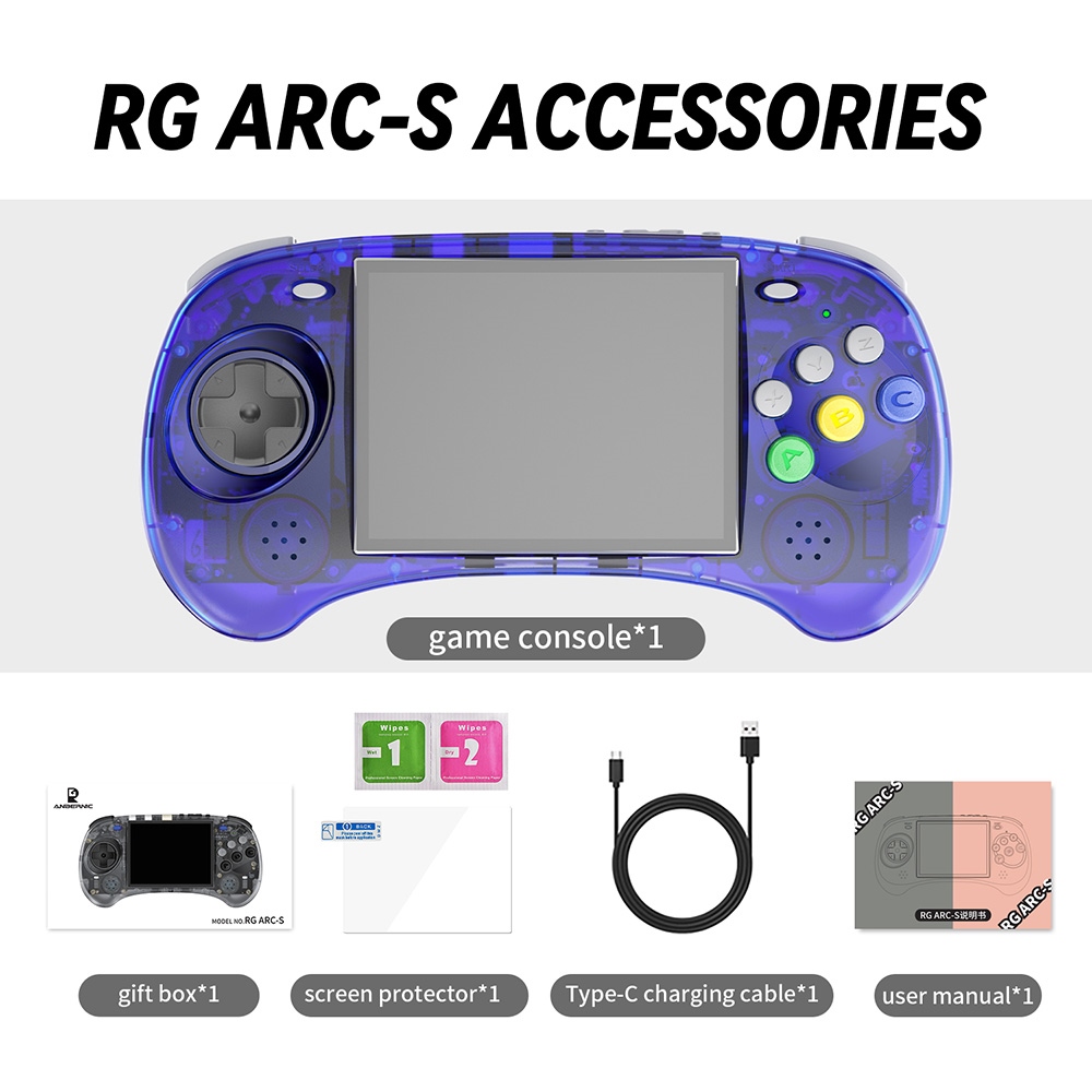 Refurbished ANBERNIC RG ARC-S Game Console, 256GB TF Card, 16GB Linux, 1GB LPDDR4, HDMI Output - Transparent Blue