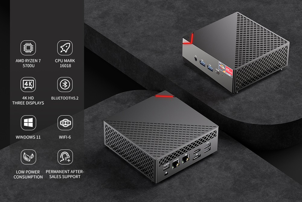 AOOSTAR MN57 Mini PC, AMD R7 5700U 8 Cores Up to 4.3GHz, HDMI Type-C DP 4K HD Triple Display, 32GB RAM 1TB SSD, 2*USB2.0 2*USB3.0 1*Headphone Jack, 2.5Gbps+1Gbps Dual LAN, WiFi 6 Bluetooth 5.2, VESA Mount - EU Plug