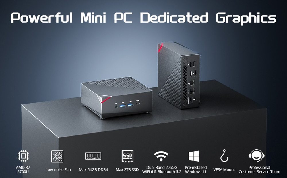 AOOSTAR MN57 Mini PC, AMD R7 5700U 8 Cores Up to 4.3GHz, HDMI Type-C DP 4K HD Triple Display, 32GB RAM 1TB SSD, 2*USB2.0 2*USB3.0 1*Headphone Jack, 2.5Gbps+1Gbps Dual LAN, WiFi 6 Bluetooth 5.2, VESA Mount - EU Plug