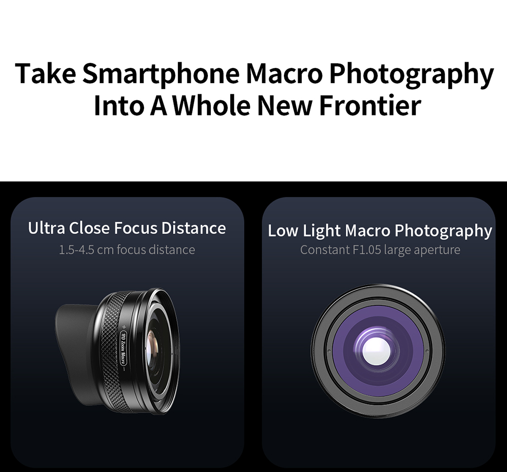 APEXEL ZM100 Smartphone Macro Lens, 10-20X Magnification, Ultra-large F1.05 Aperture, DSLR Camera Effect, 1.5-4.5cm Focus Distance