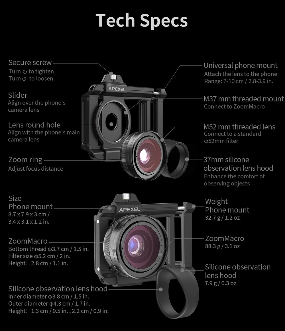 APEXEL ZM100 Smartphone Macro Lens, 10-20X Magnification, Ultra-large F1.05 Aperture, DSLR Camera Effect, 1.5-4.5cm Focus Distance