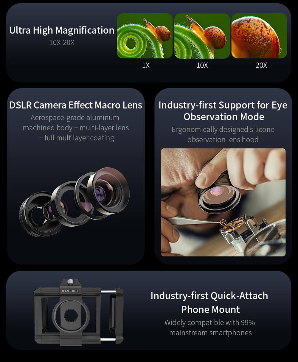 APEXEL ZM100 Smartphone Macro Lens, 10-20X Magnification, Ultra-large F1.05 Aperture, DSLR Camera Effect, 1.5-4.5cm Focus Distance