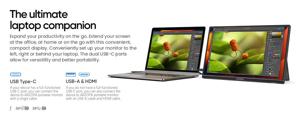 ARZOPA A1M 17.3-inch Portable Monitor, 1920*1080 FHD 16:9 IPS Screen, 60Hz Refresh Rate, 1W*2 Built-in Speakers, 1*Mini HDMI, 2*Full Function Type-C, Built-in Kickstand