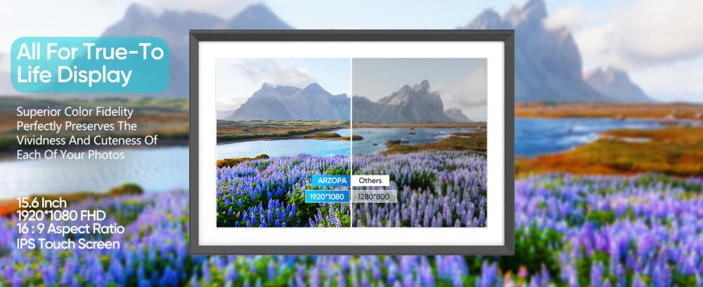 ARZOPA P156W 15.6-inch Digital Photo Frame, 1920*1080 FHD IPS Touch Screen, 32GB Storage, Auto-rotate, Instant Wireless Sharing