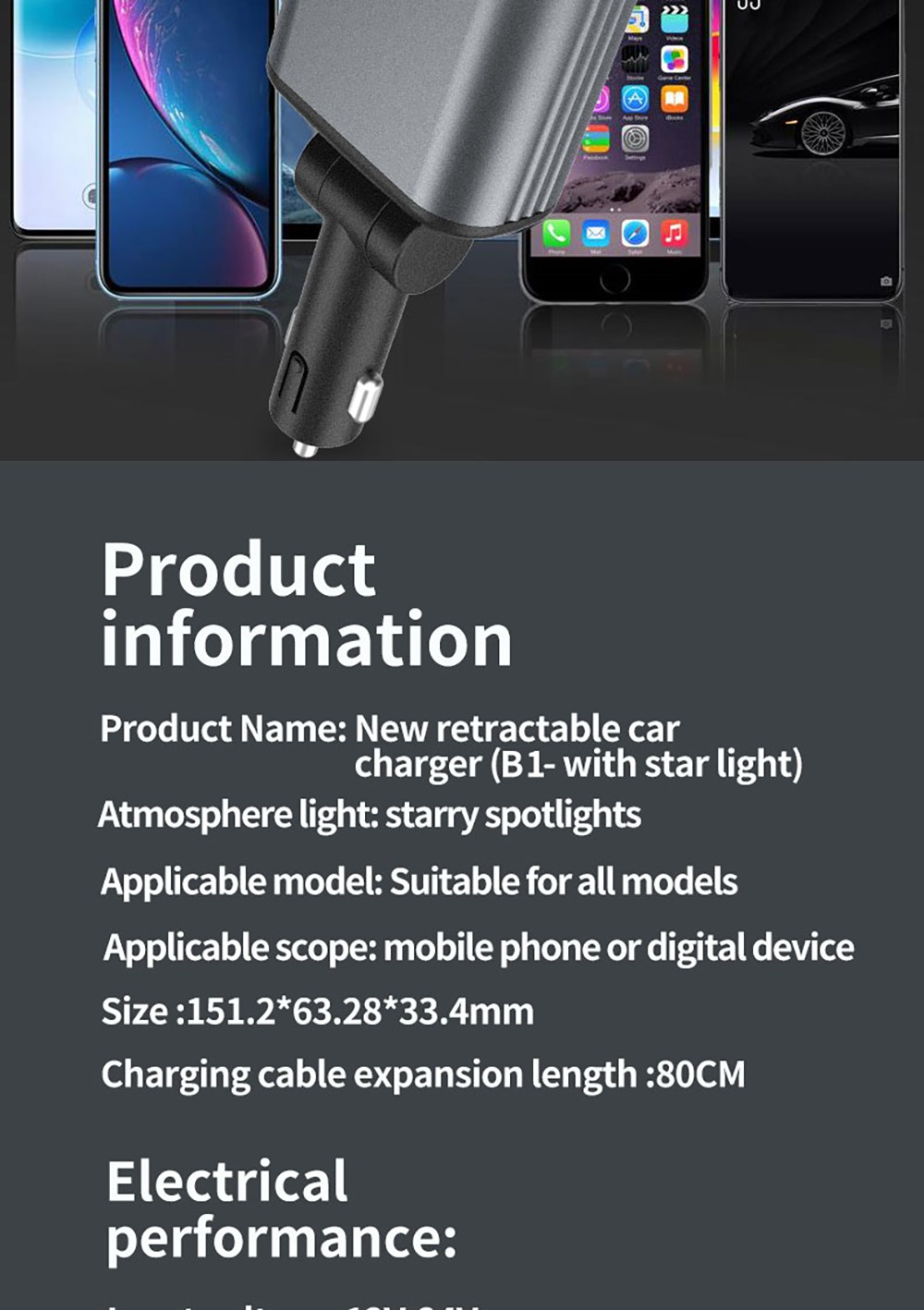 B1 66W 4 in 1 Retractable Car Phone Charger with Starlight, Dual USB Ports Type-C PD Fast Charging