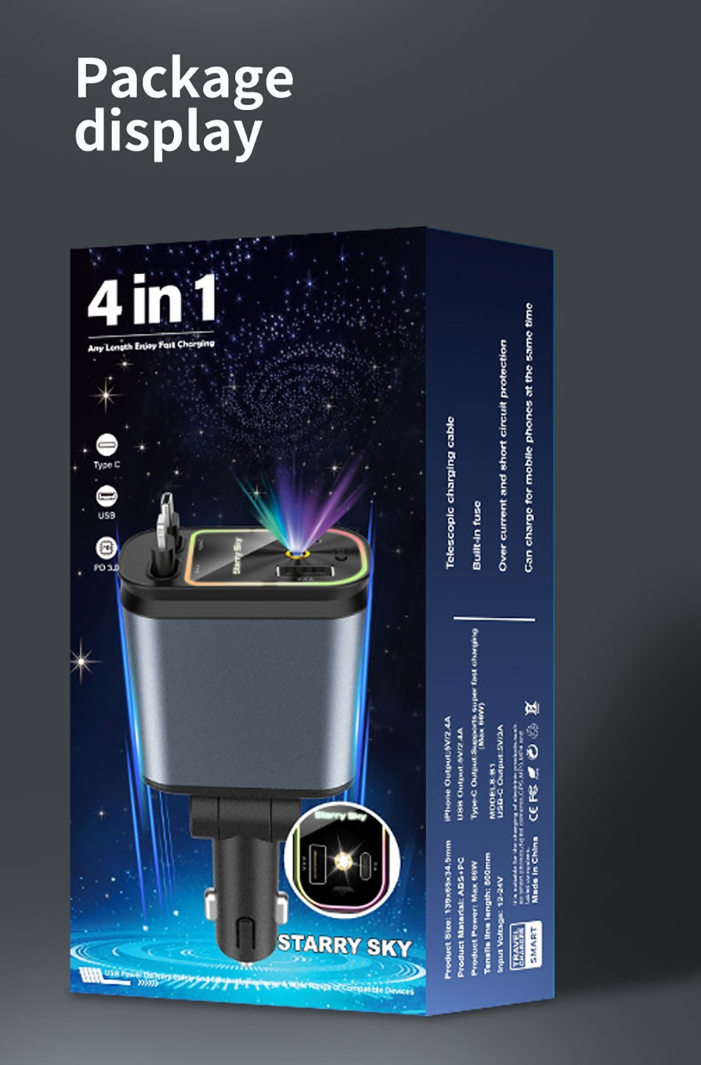 B1 66W 4 in 1 Retractable Car Phone Charger with Starlight, Dual USB Ports Type-C PD Fast Charging