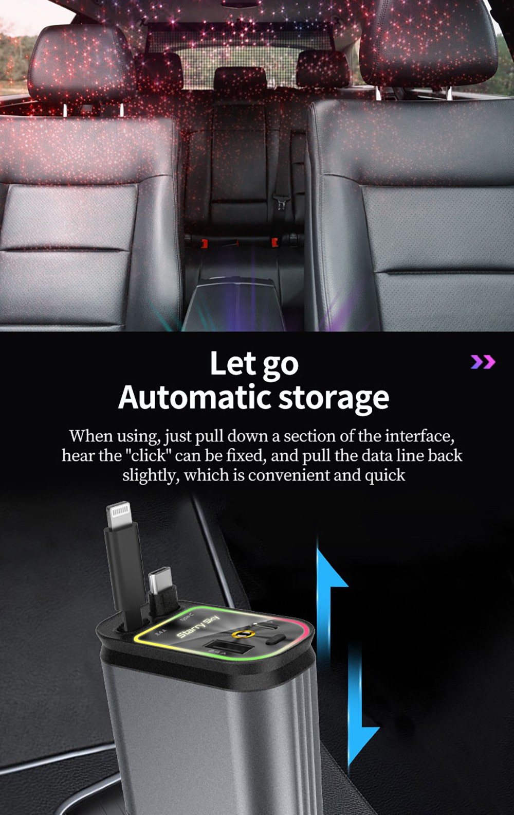 B1 66W 4 in 1 Retractable Car Phone Charger with Starlight, Dual USB Ports Type-C PD Fast Charging