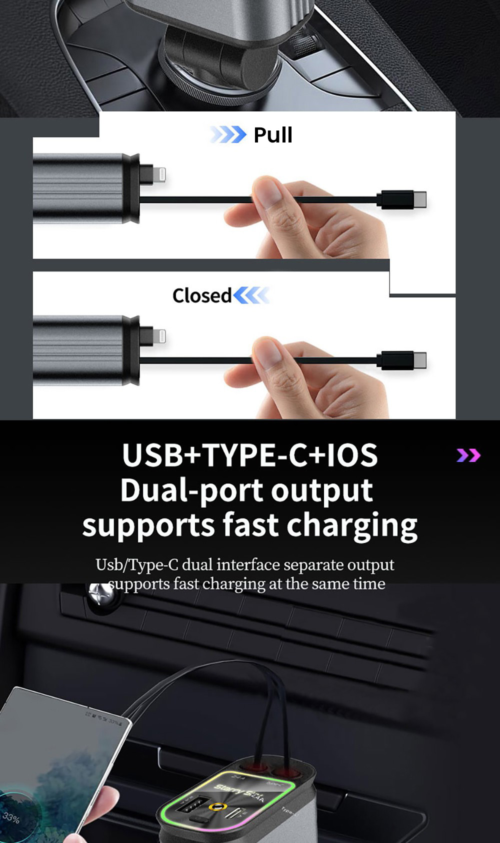 B1 66W 4 in 1 Retractable Car Phone Charger with Starlight, Dual USB Ports Type-C PD Fast Charging