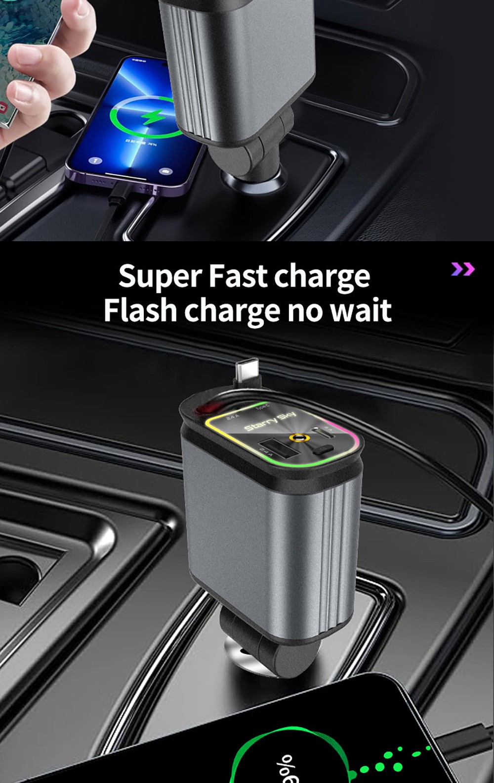 B1 66W 4 in 1 Retractable Car Phone Charger with Starlight, Dual USB Ports Type-C PD Fast Charging