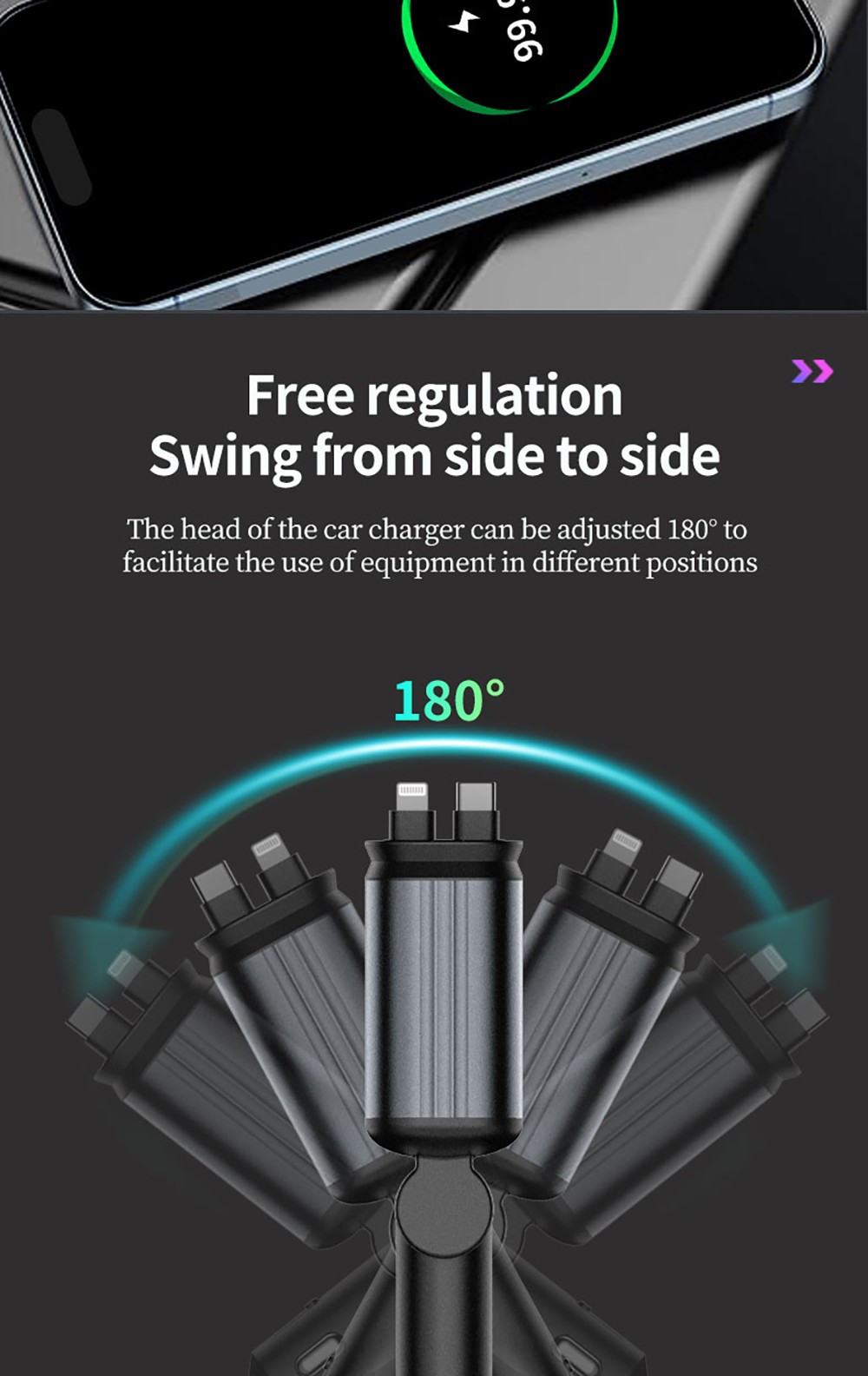 B1 66W 4 in 1 Retractable Car Phone Charger with Starlight, Dual USB Ports Type-C PD Fast Charging