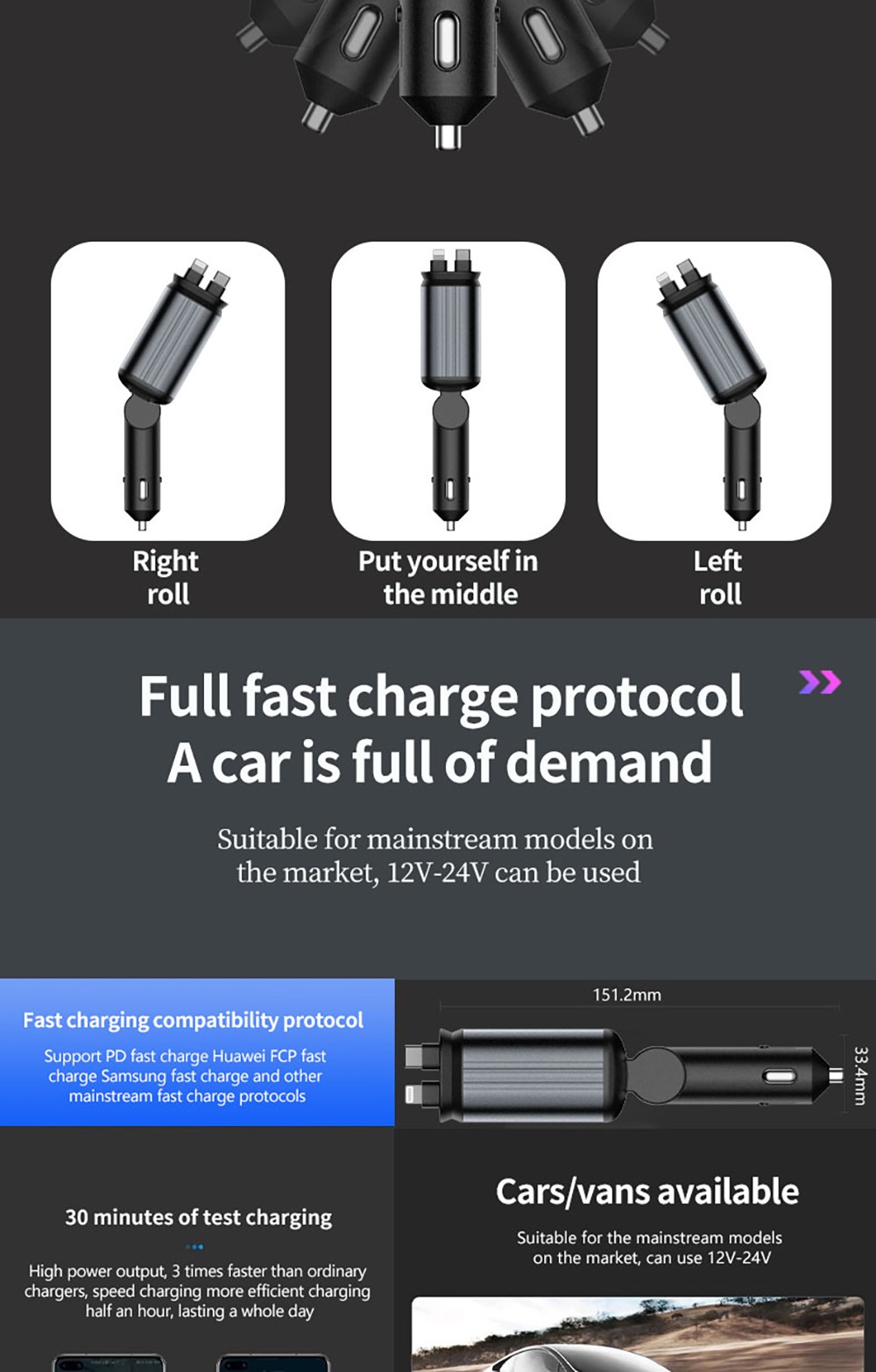B1 66W 4 in 1 Retractable Car Phone Charger with Starlight, Dual USB Ports Type-C PD Fast Charging