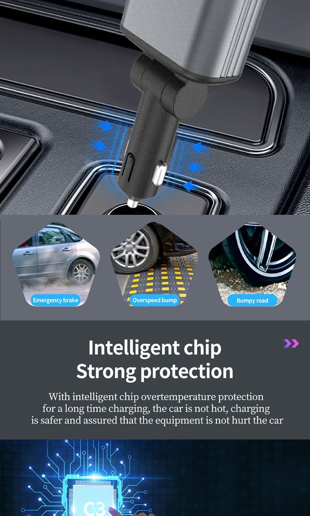 B1 66W 4 in 1 Retractable Car Phone Charger with Starlight, Dual USB Ports Type-C PD Fast Charging