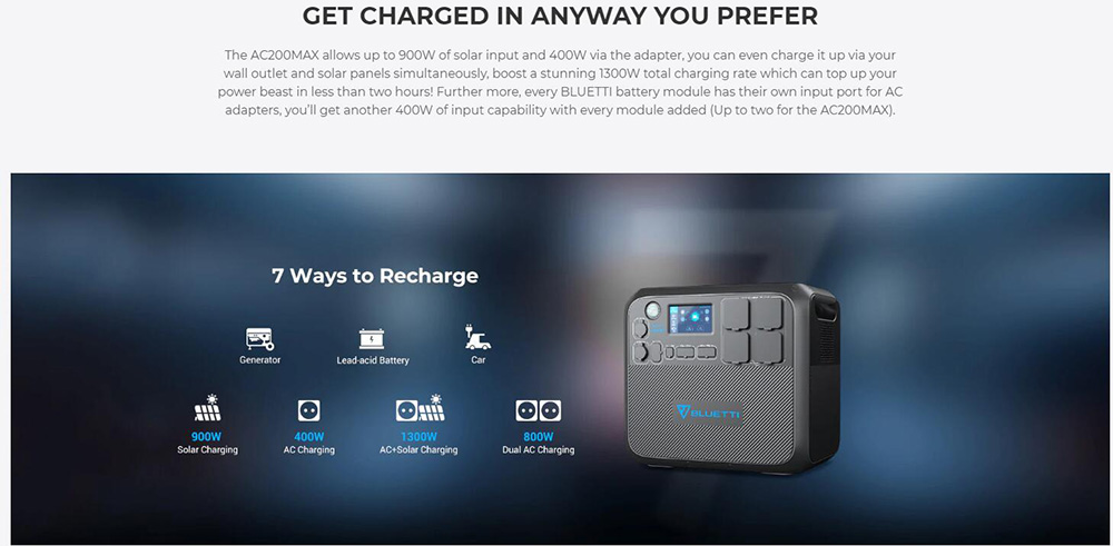 Refurbished BLUETTI AC200MAX 2200W Portable Power Station, 2048Wh LiFePO4 Battery, Expandable to 8192Wh, Pure Sine Wave, App Control