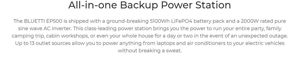 BLUETTI EP500 Portable Power Station, 5100Wh LiFePO4 Battery Solar Generator, 2000W AC Output, Seamless UPS, 15W Wireless Charging, App Control