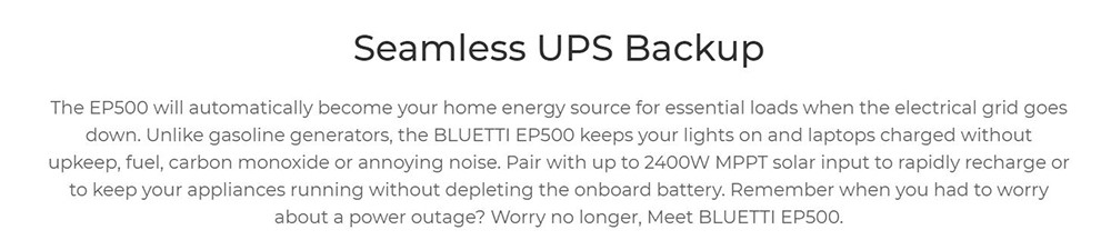 BLUETTI EP500 Portable Power Station, 5100Wh LiFePO4 Battery Solar Generator, 2000W AC Output, Seamless UPS, 15W Wireless Charging, App Control