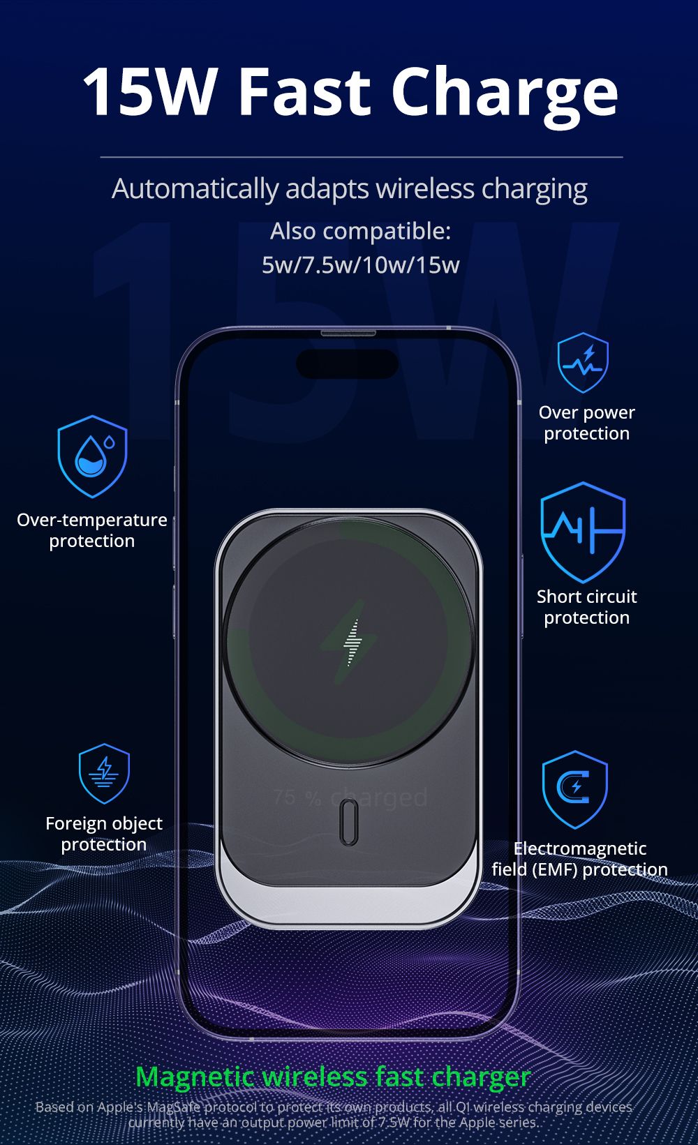 CW19S 15W Magsafe Wireless Charger for iPhone 16 Series - Black