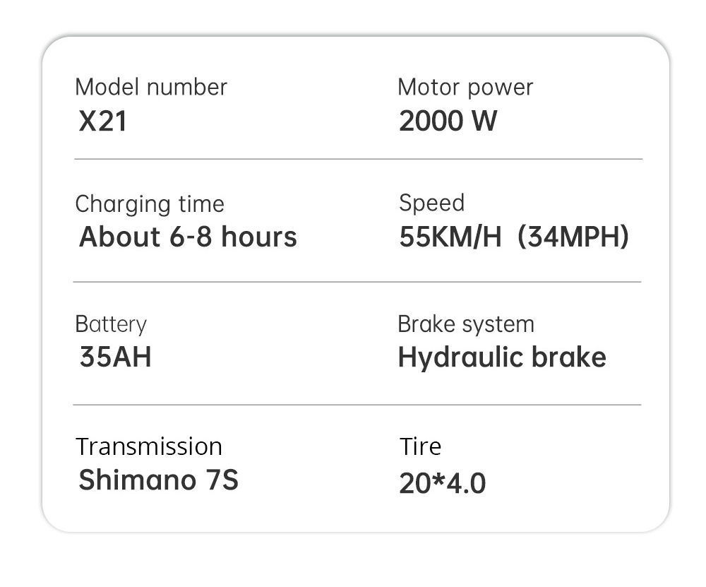 EKXBIKE X21 Electric Bike, 2000W Motor, 48V 35AH Battery, 20*4 Fat Tire, 55km Max Speed, 150km Max Range, Hydraulic Brake, Hydraulic Shock Absorber, Shimano 7-Speed