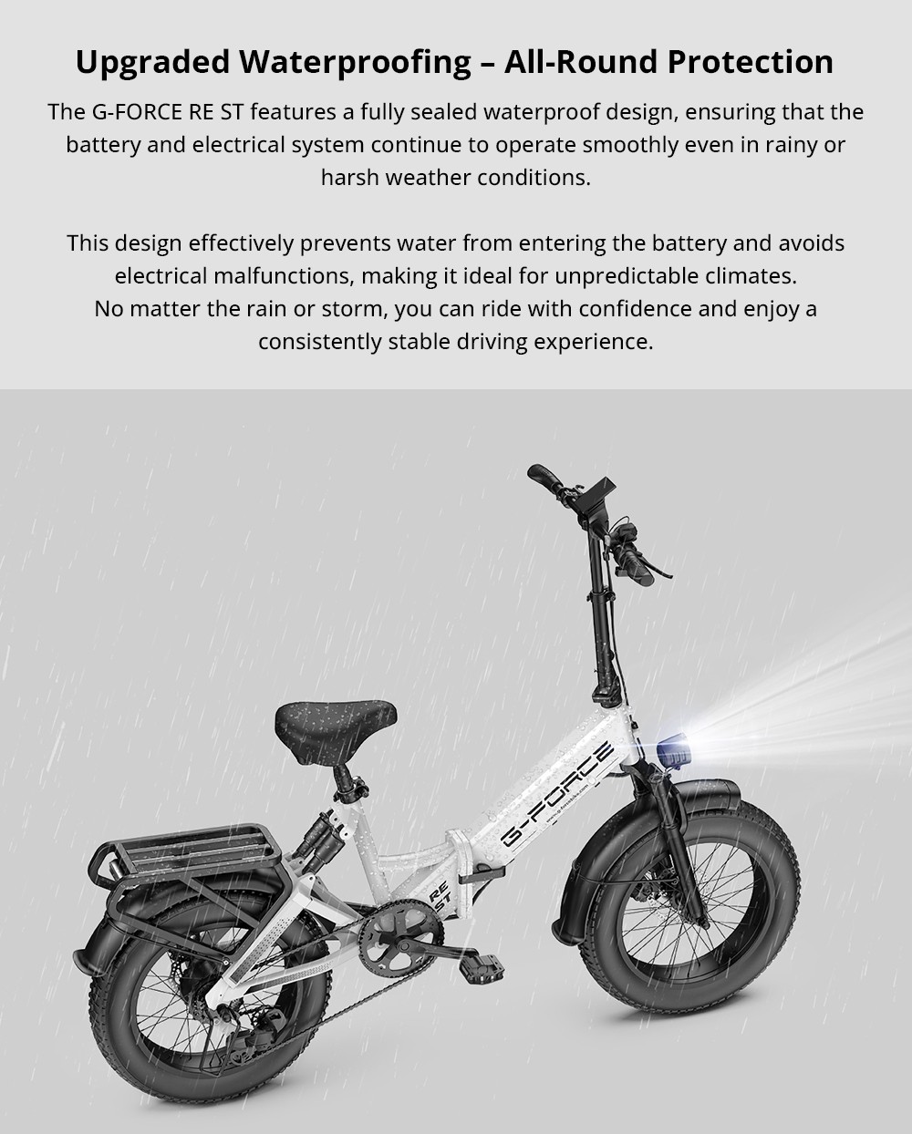 G-FORCE RE ST Electric Bike, 250W Motor, 48V 20AH Battery, 20*4-inch Fat Tires, 25km/h Max Speed, 120km Range, Hydraulic Disc Brakes, Dual Suspension, LCD Display - White