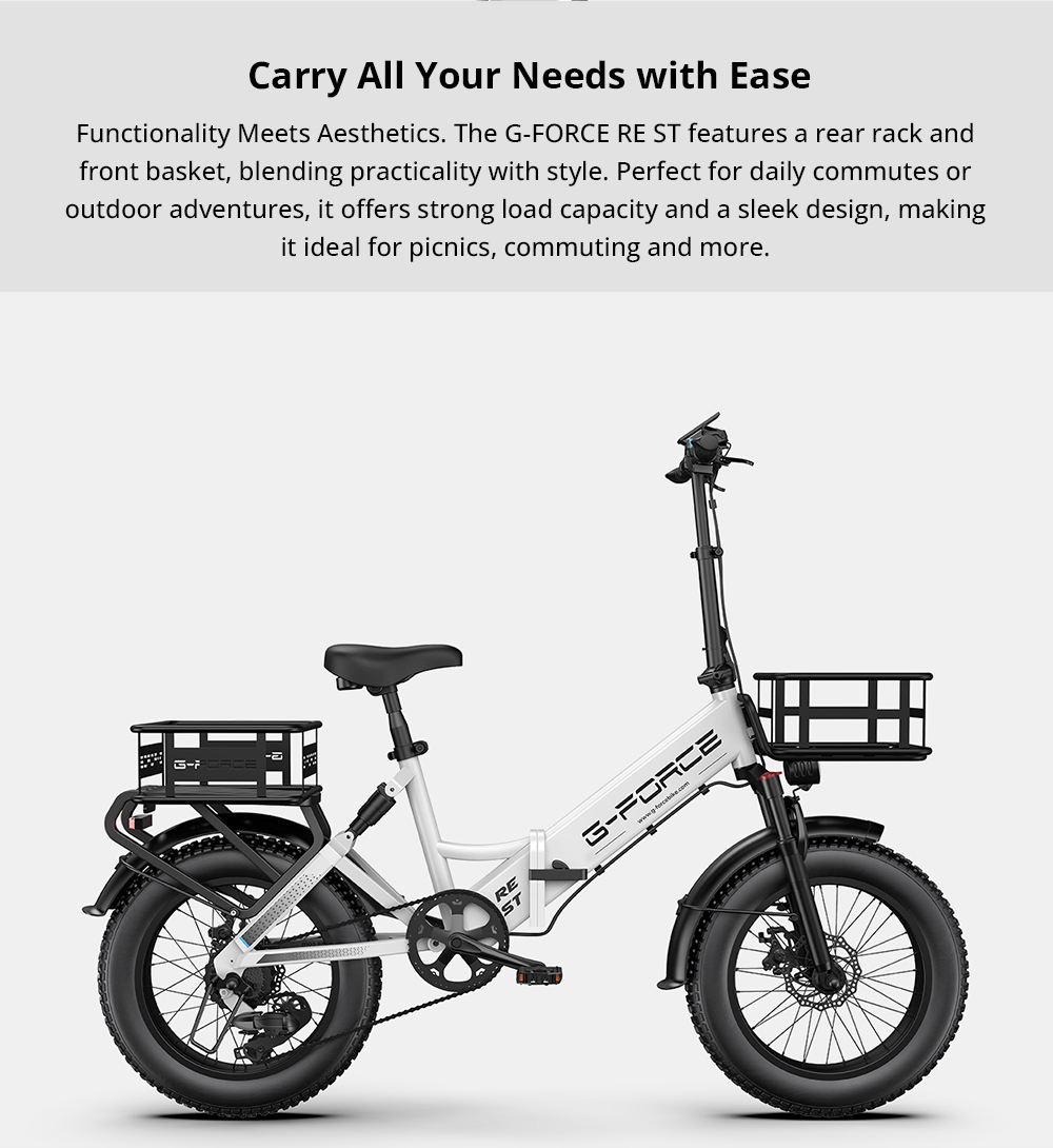 G-FORCE RE ST Electric Bike, 250W Motor, 48V 20AH Battery, 20*4-inch Fat Tires, 25km/h Max Speed, 120km Range, Hydraulic Disc Brakes, Dual Suspension, LCD Display - White