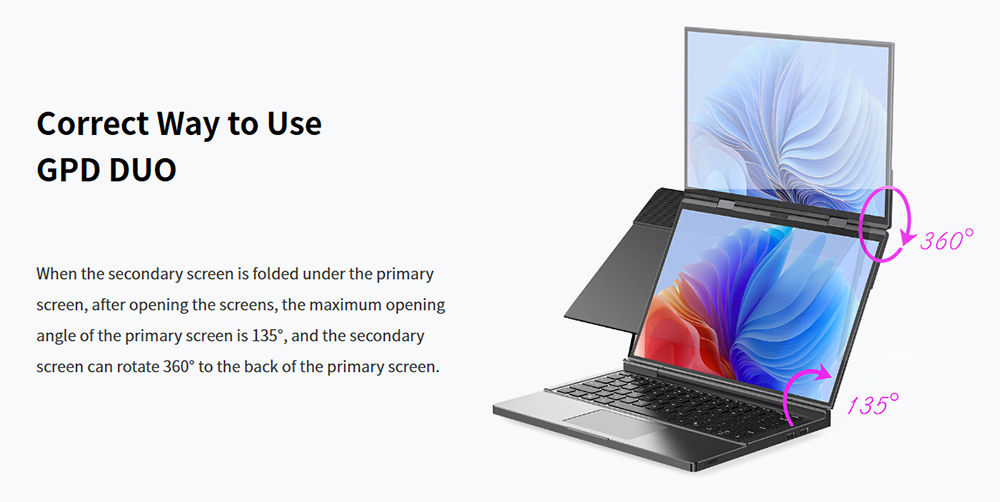 GPD DUO 13.3-inch Dual-OLED Screen Laptop, AMD Ryzen AI 9 HX 370 (12 Core Max 5.1GHz), 2880*1800, 32GB LPDDR5 RAM 1TB SSD, WiFi 6E Bluetooth 5.3, Built-in Hyper-Linear Speakers, 1* USB4 (40Gbps), 1*USB-C (10Gbps), 1*Oculink, 1*HDMI 2.1, 2*USB-A