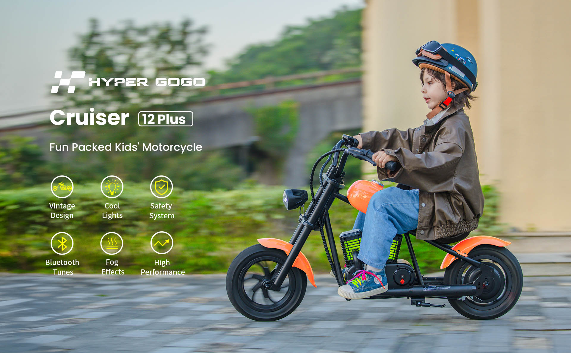 Refurbished HYPER GOGO Cruiser 12 Plus Electric Motorcycle for Kids 12'' Pneumatic Tires with Bluetooth Speaker Simulated Fog