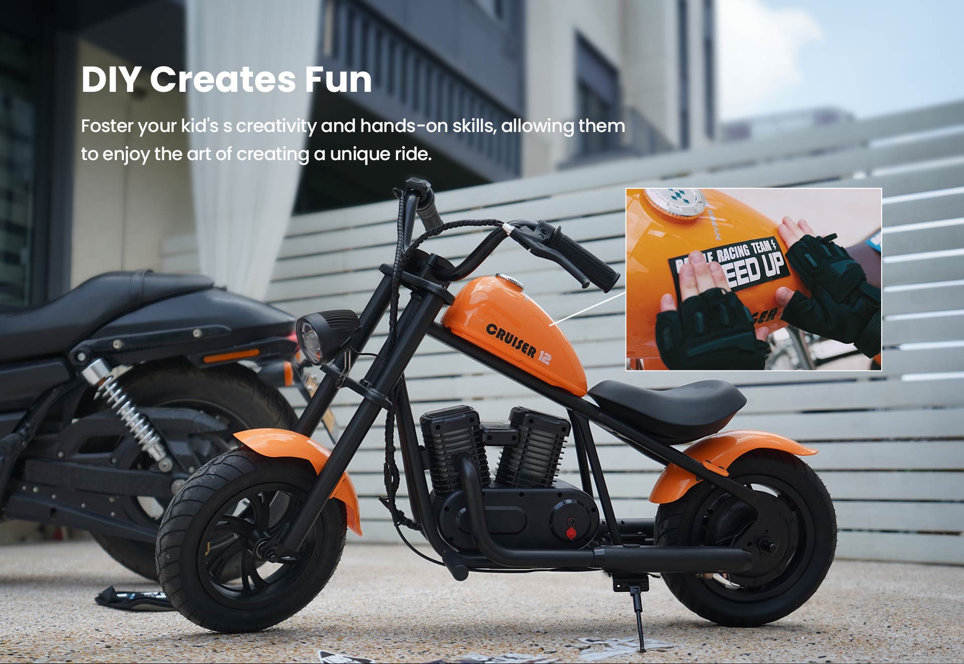 Refurbished HYPER GOGO Cruiser 12 Plus Electric Motorcycle for Kids 12'' Pneumatic Tires with Bluetooth Speaker Simulated Fog
